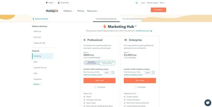 Pricing page of HubSpot
