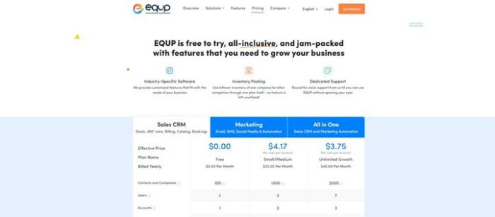 Pricing Page of EQUP